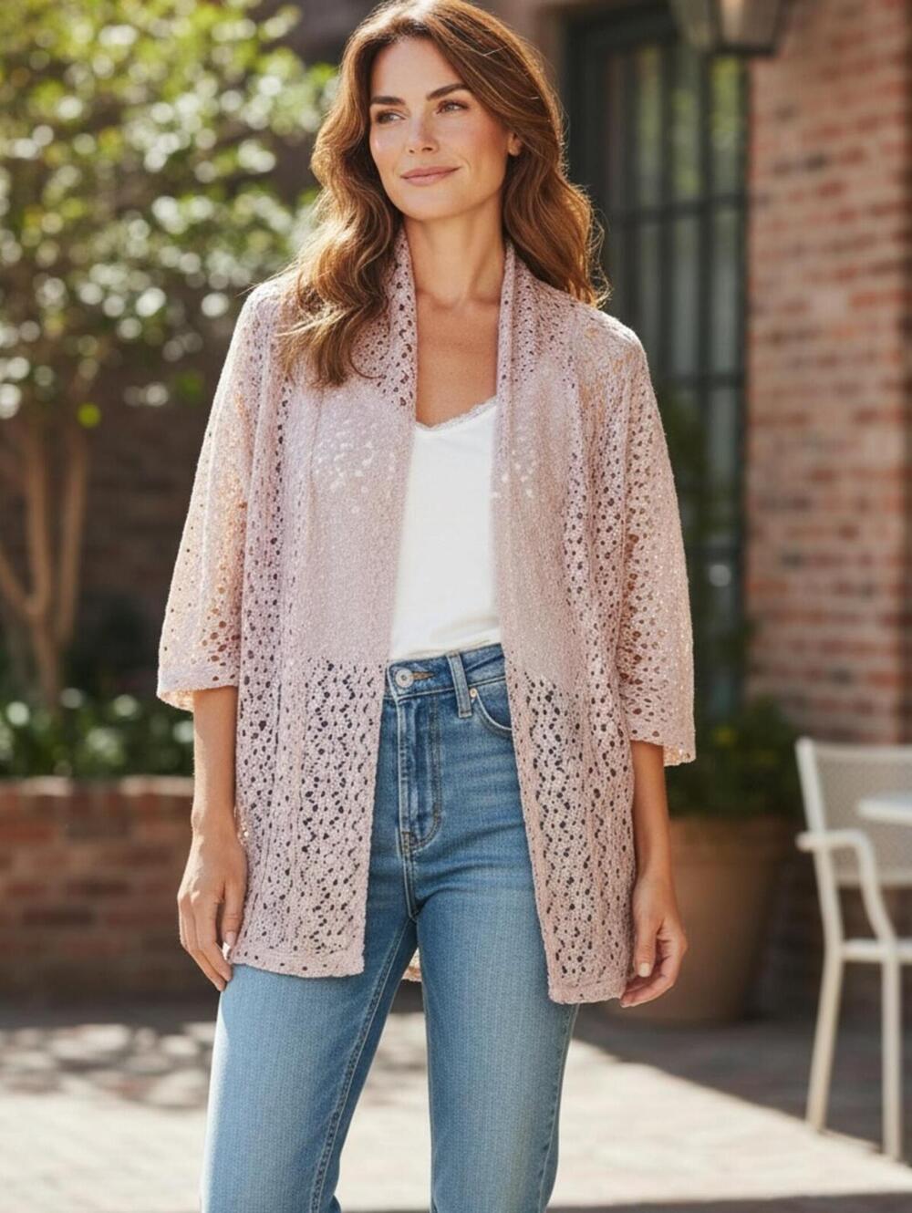Ashley Blue Light Pink Open-Knit Cardigan Kimono Cover-Up Medium